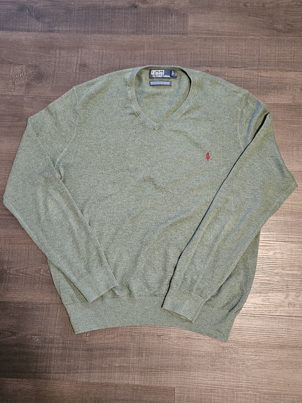 Polo Ralph Lauren Cashmere Cotton Blend V-Neck Sweater Heather Green Red Pony XL